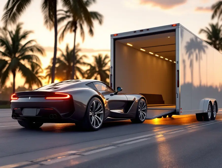 vintage car being loaded into an enclosed trailer